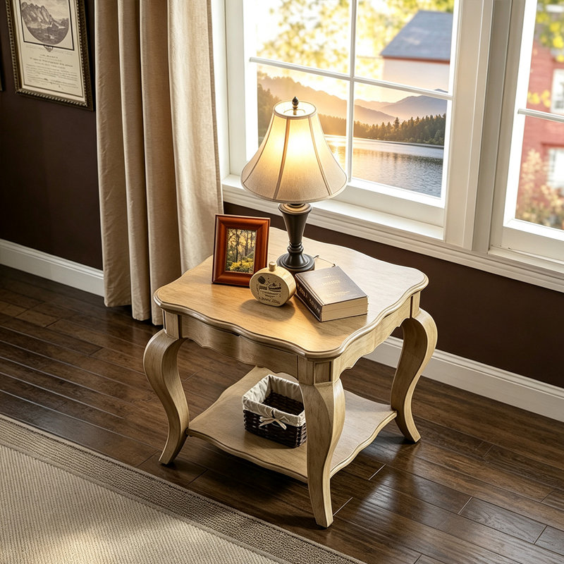 Table d'appoint rectangulaire en bois massif brun taupe de style vintage avec pieds décapotables