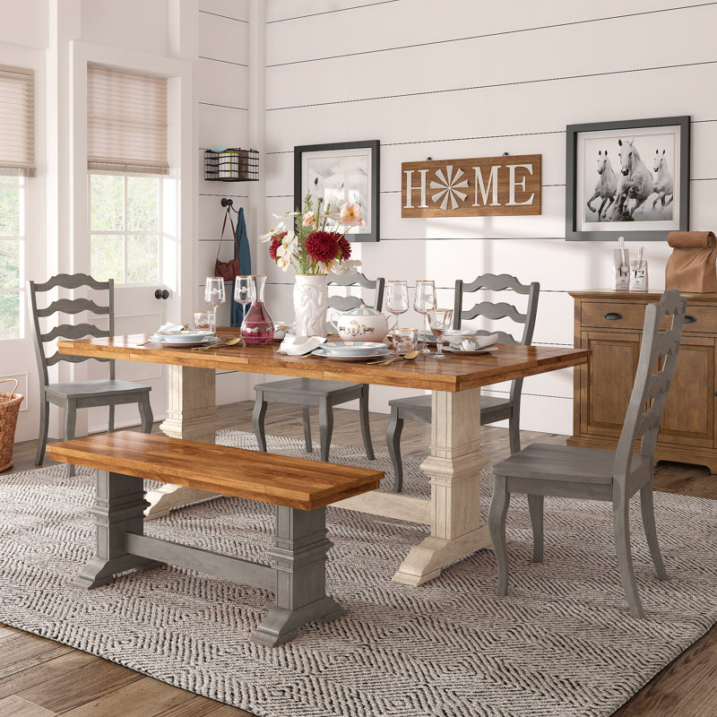 Greisofe 78" Solid Wood Oak Finish Top 6-Piece Dining Set With French Ladder Back Chairs And Bench, White, Gray