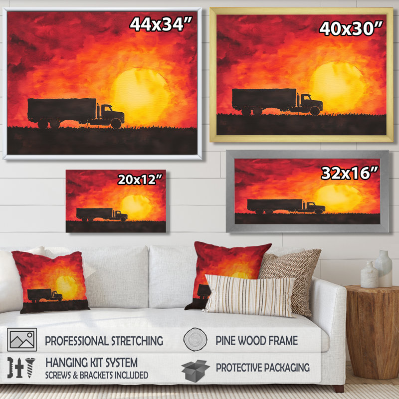 «Sunset Truck Cargo Highway II», impression d'art mural camion, H 12 po x l 20 po, Doré