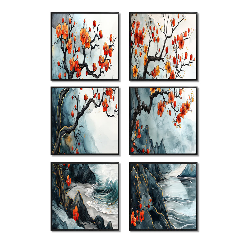Branche de cerisier bleu en Chine - ensemble de 6 fleurs de cerisier, Impression encadrée sans passe-partout, Noir