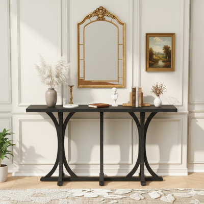 Console en bois 59,8 pouces avec plateau en placage de chêne et pieds courbés minces en bois d'hévéa de style campagnard. Parfait pour les salons, les entrées, les couloirs et les espaces repas.