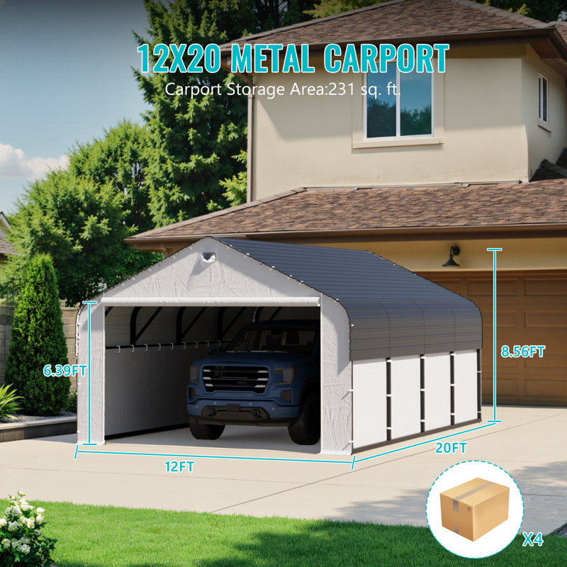 19.52 ft. W x 12.04 ft. D Heavy Duty Metal Frame Carport with Solar Lamp, Outdoor Garage Car Shelter with Powder-Coated Steel Roof & Fabric Sidewall