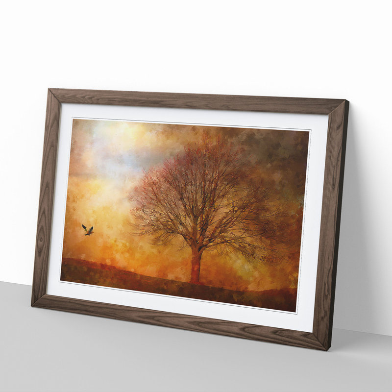 Bird and Tree at Sunset - Picture Frame Painting, 48cm H x 65cm W x 2cm D, Walnut Framed