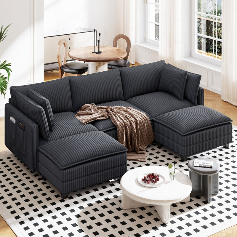 Canapé modulaire en forme de U 109 "avec 2 repose-pieds, Velours côtelé gris