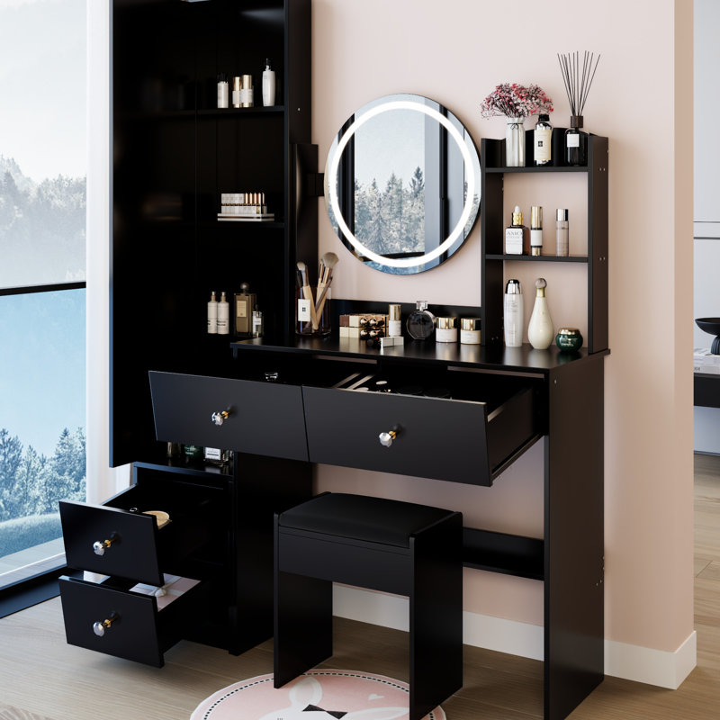 3 - Color Adjustable Brightness Touch Control Led Vanity Table And Full Body Mirror Cabinet With Cushioned Stool, American Design, Black Material, 44.43 In Depth, 14.35 Width, 64.05 Height, 79.32 Lb