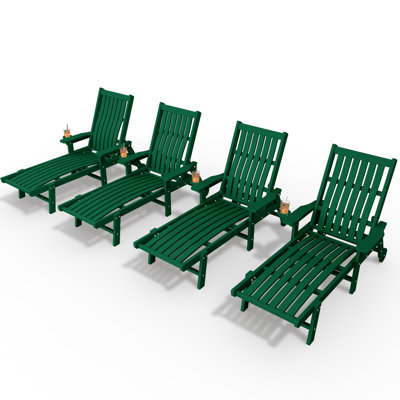 Chaise longue inclinable ajustable en PEHD vert avec roulettes et porte-gobelet (ensemble de 4)