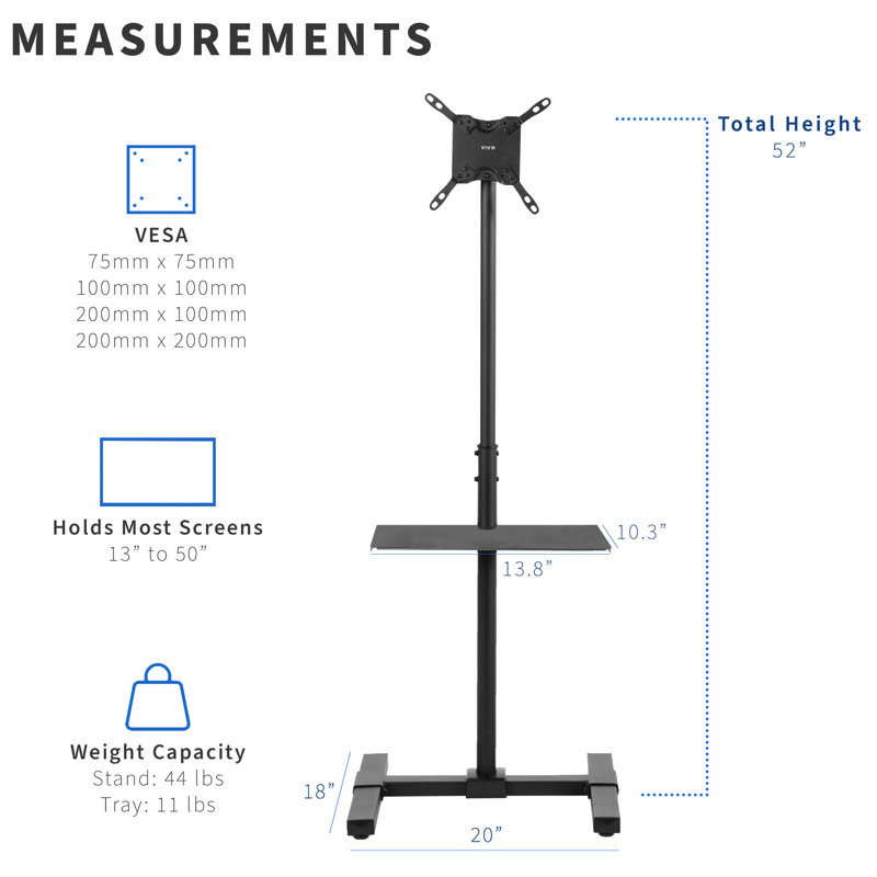 Black Adjustable TV Floor Stand with Storage Shelf, 13" to 50"