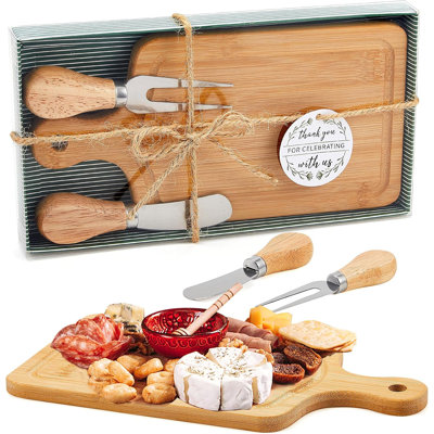 Mini Bamboo Cheese Board Gift Set with Knife Fork & Gift Box, Bridal Shower Wedding Party Favor Prize Set