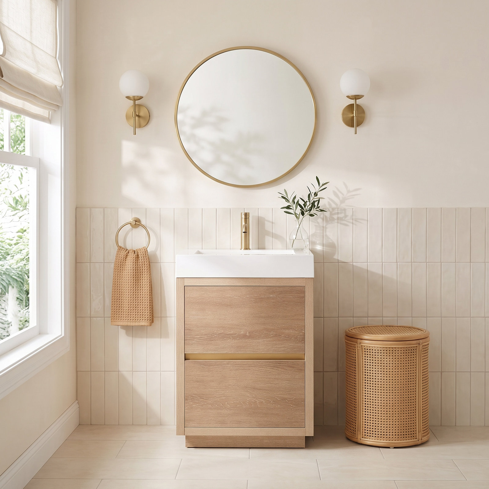 Beira 24'' Single Bathroom Vanity, North American Oak, White