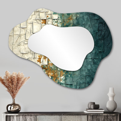 Auspiciosité rétro sarcelle géométrique III - peinture abstraite miroir asymétrique, miroir mural décoratif nuage doré, impression d'art en métal