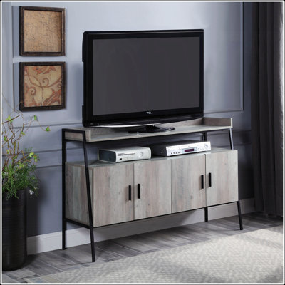 Meuble télé robuste à 4 portes en chêne gris et noir avec rangement spacieux et design industriel moderne