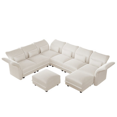 U-Shaped Upholstered Modular Sectional Sofa With Storage, 8 Seat  Corduroy  Couche With Adjustable Arms Backs,Plush Supportive Cushions, Beige