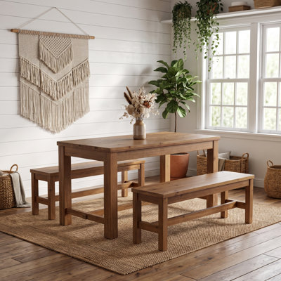 3-Piece Farmhouse Solid Wood Dining  Table Set with 2 Benches