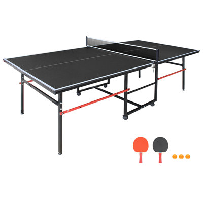 8Ft Black Mid-Size Table Tennis Table Foldable & Portable Ping Pong Table Set For Indoor Games With Net