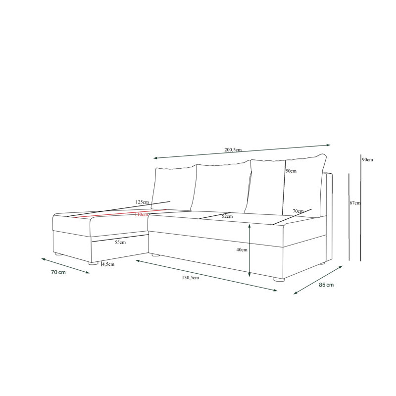 Sidhi 3 Seater Corner Sofa , Left Hand Facing, Black/Red
