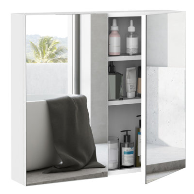 24"X22" Bathroom Mirror Cabinet, Steel Frame With Double Doors For Toner, White Storage And Soap,