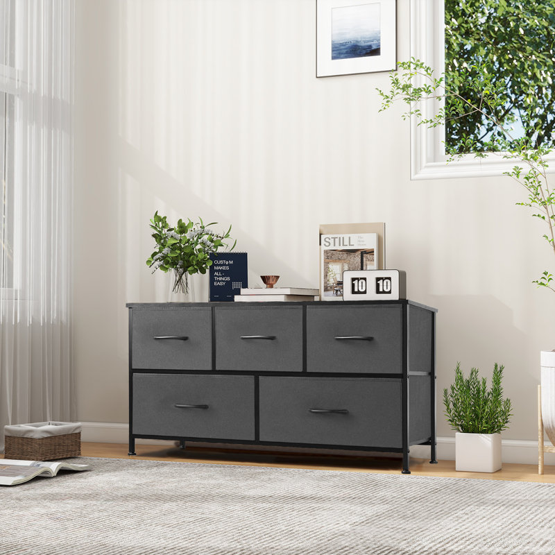 Dresser With 5 Fabric Drawers, Tall Dresser For Bedroom, Large Dresser Fabric Chest For Living Room, Gray