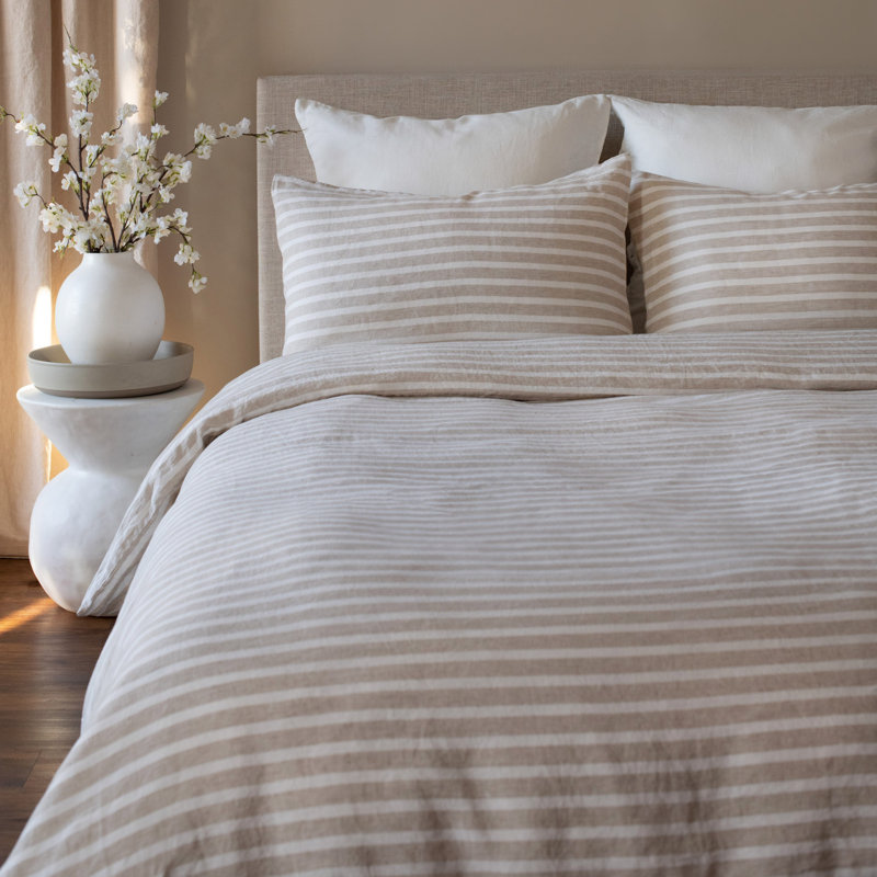100% French Linen Pillowcase Set, King Pillowcase, Putty/Cream Striped