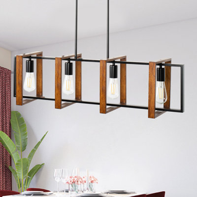Lustre 4 lumières de style maison de campagne avec bois naturel et métal noir