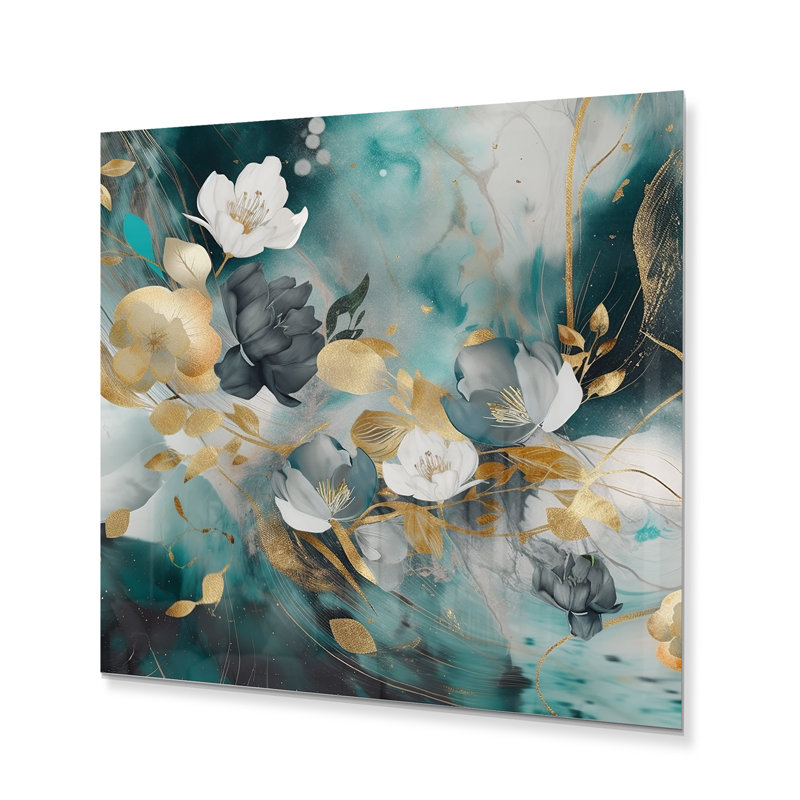 «Golden Blue Marble Flowers III», impression sans cadre sur métal, H 29 po x l 29 po x P 1 po