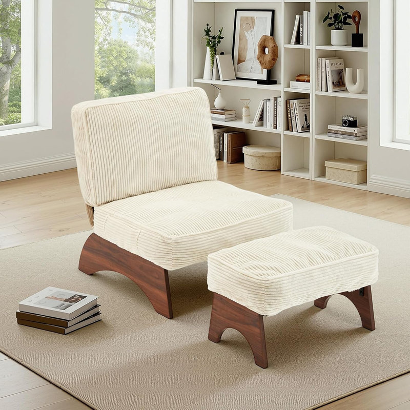 Accent Chair with Ottoman – Modern Corduroy Chair Set with Adjustable Backrest and Footrest, Comfortable Reading Chair for Living Room, Bedroom, or Guestroom, Beige
