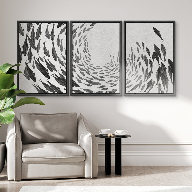 Nautical Animals Gray Swirling Fishes Marine Nautical Animal Neutral Pictures Framed Canvas 3 Piece Print Wall Art