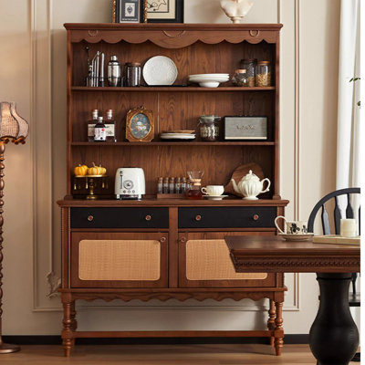 Vintage Walnut Brown Solid Wood  with Rattan Cabinet Doors Sideboard