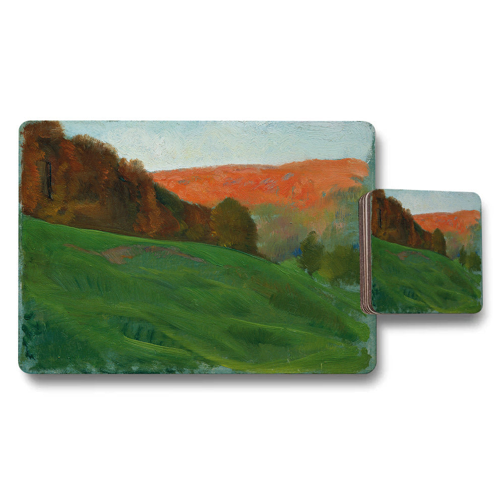 Landscape Placemat And Coaster Set With Green Hills Painting