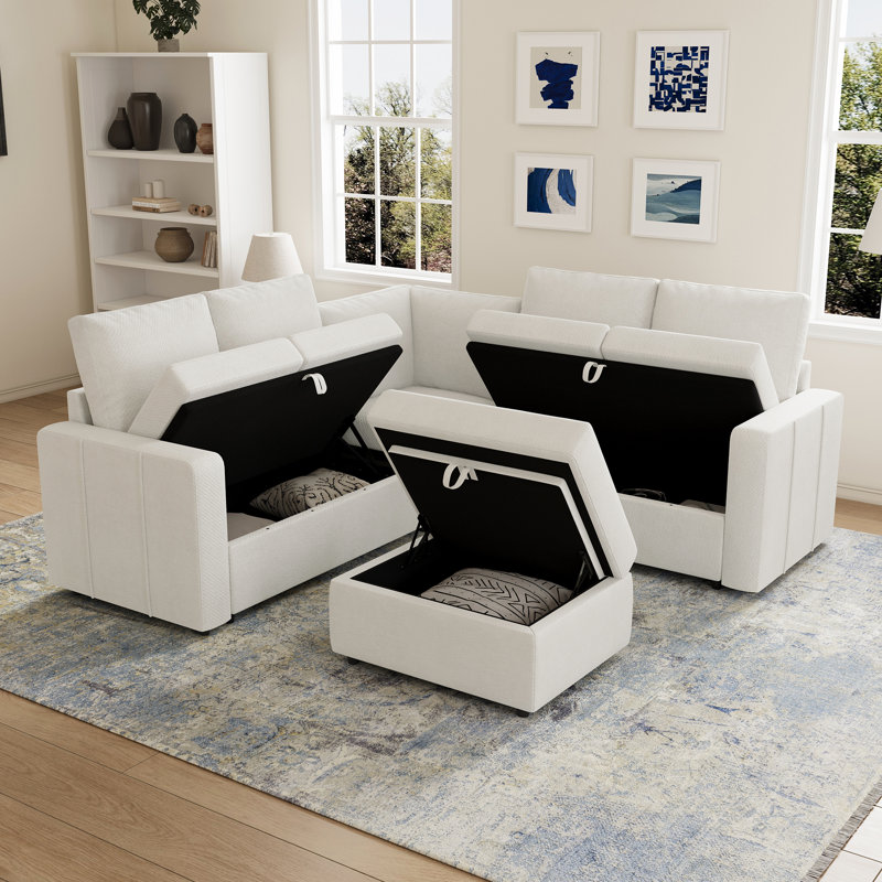 Aubade L-Shaped Modular Storage Sofa Set, Beige Chenille