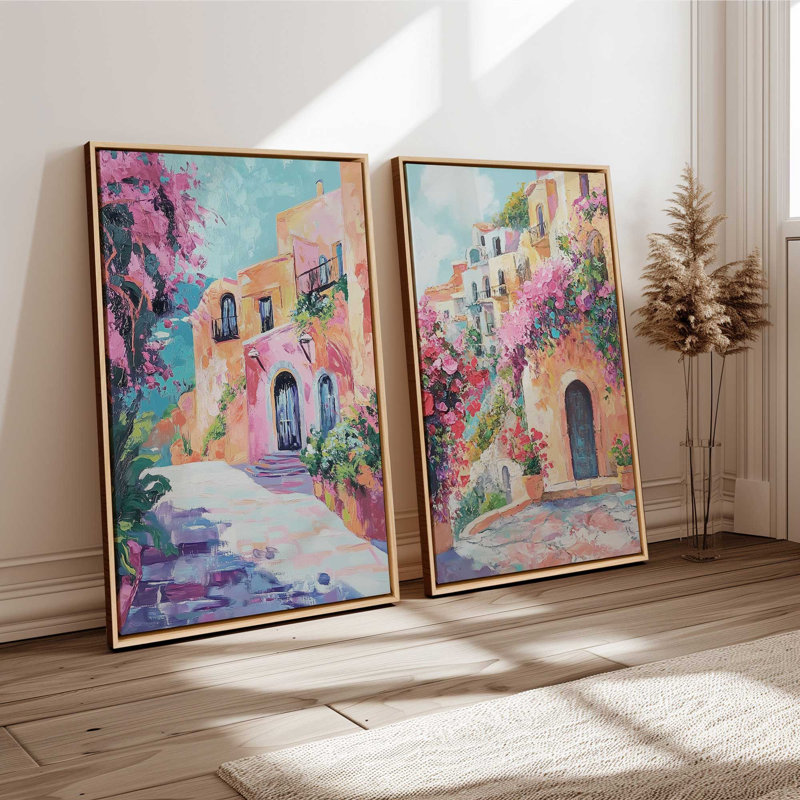 Ensemble de 2 impressions de style méditerranéen, 18 po x 12 po, Cadre américain en érable flottant