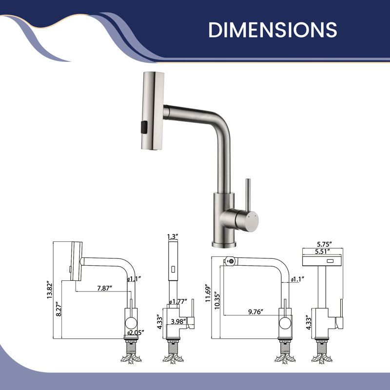 11.7"H Stainless 360° Swivel Bathroom Faucet With 3-Function Pull-Out Sprayer, Brushed Nickel