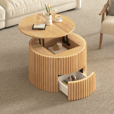 Table basse ronde à plateau relevable, table d'appoint moderne en bois cannelé avec rangement caché pour le salon