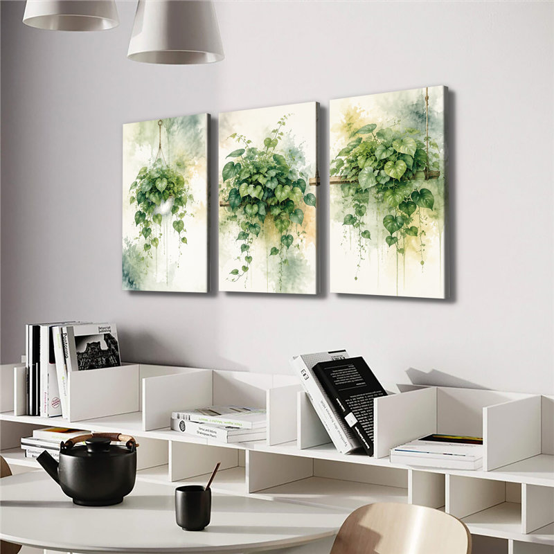 Pothos suspendus à l'aquarelle sur fond de vignes vertes, H 18 po x l 36 po x P 1 po