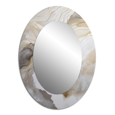 Gold And Grey Abstracted Line Artistry V - Large Oval Wall Mirror On Metal