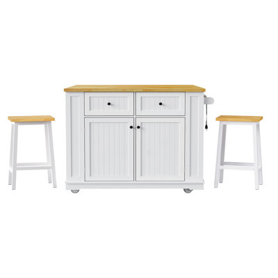 48inch White Large Kitchen Island with 2 Bar Stools, Power Outlet & Storage - Rolling Cart with Drop Leaf, 5 Side Racks & 2 Drawers (3 Packages)