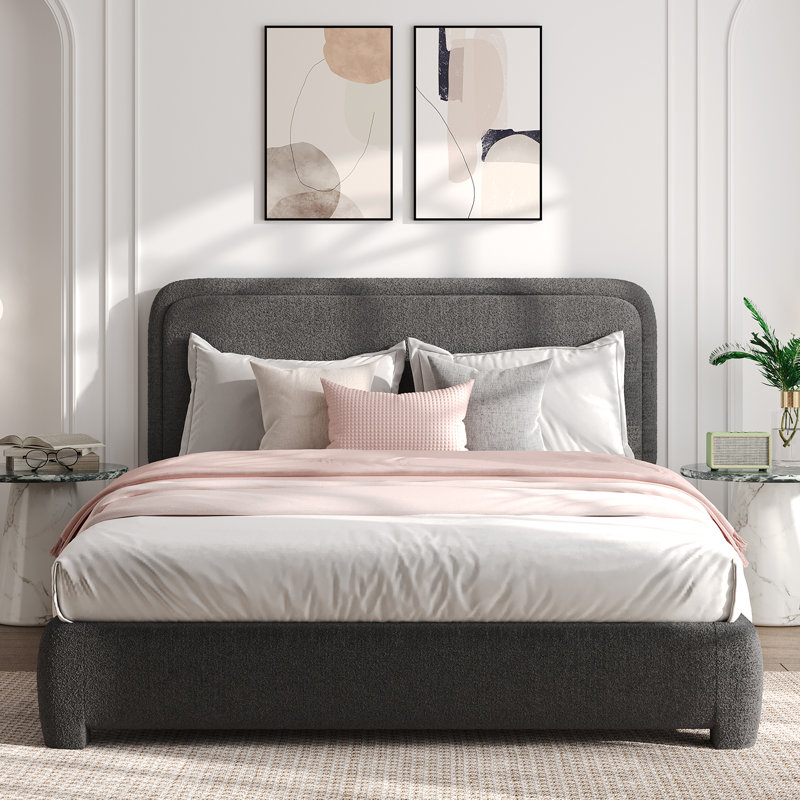 Lit plateforme tapissier Bensu Boucle, Gris, Lit double