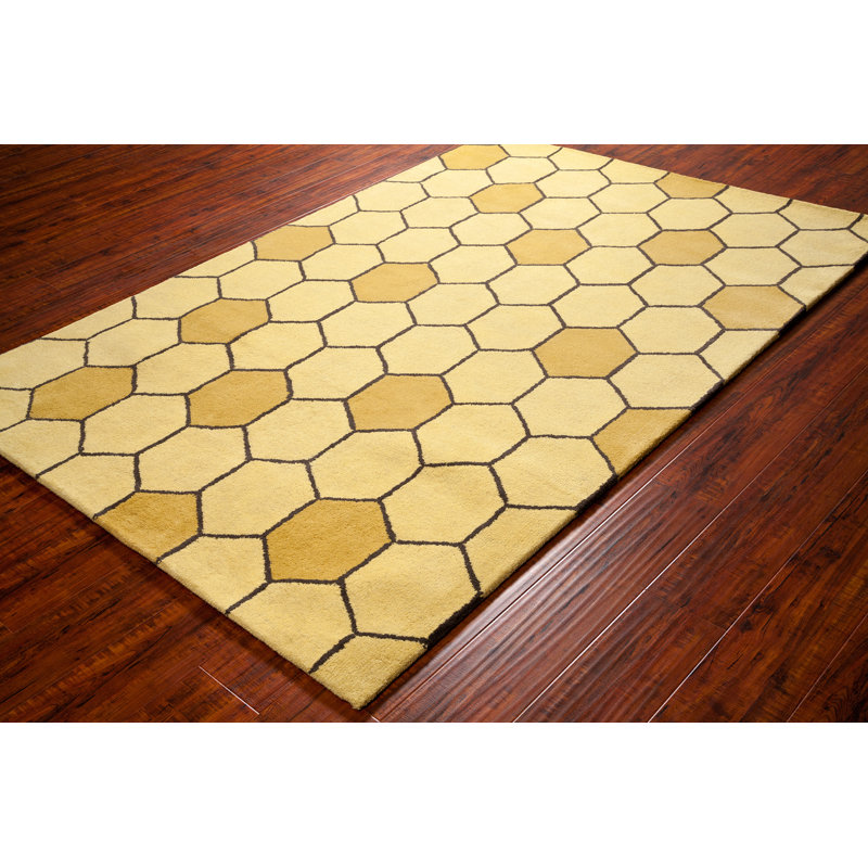 Tapis doré en laine nid d'abeille Mid-Century Cloral Authentic, 8 pi x 10 pi