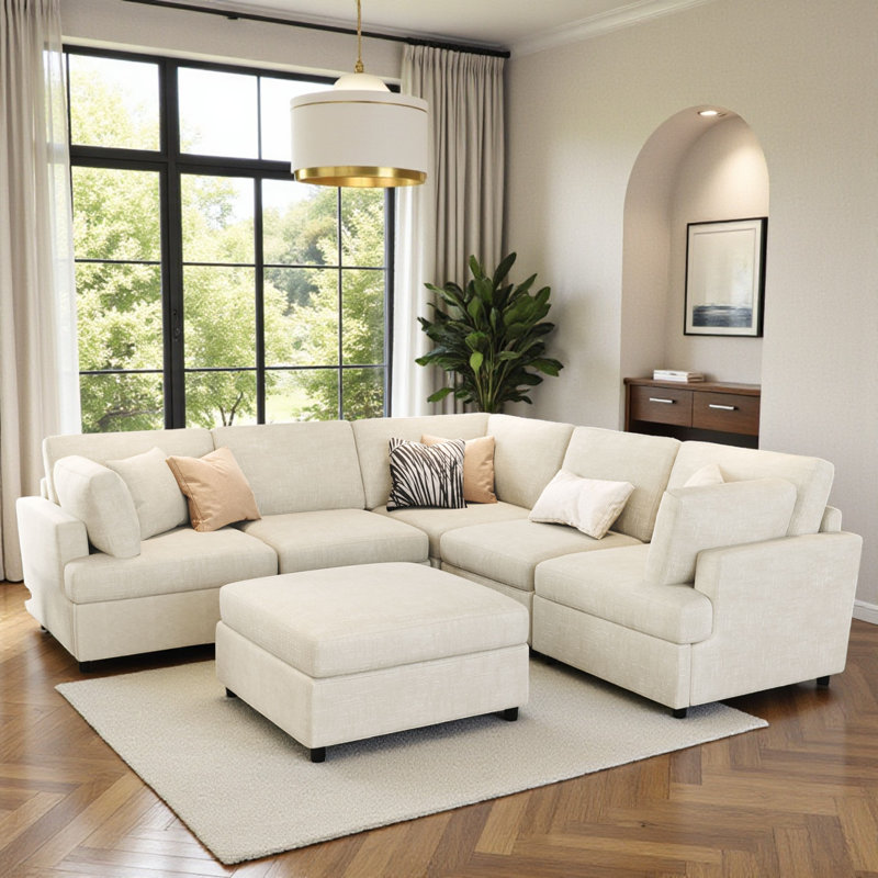 Domoni 6 - Piece Upholstered Sectional, Beige Chenille