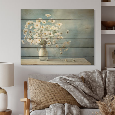 White Daisy Efflorescence Bouquet Serenity - Daisies Wood Wall Art On Natural Pine Wood