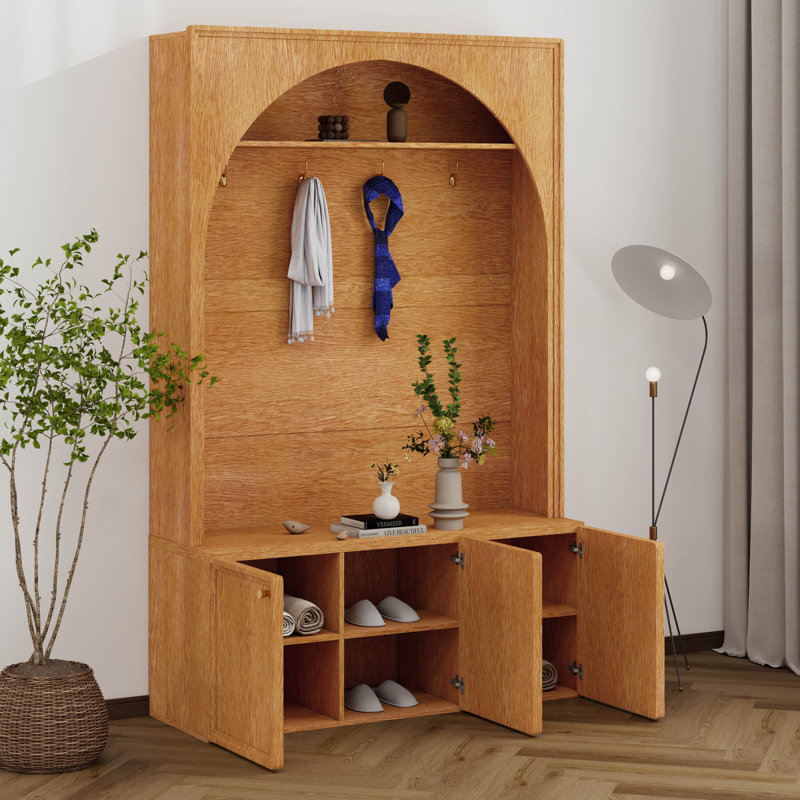 Arched Hall Tree With Storage Bench, 4 Golden Hooks, Entryway Bench With 3 Cabinets And Adjustable Shelves, Natural/Teak
