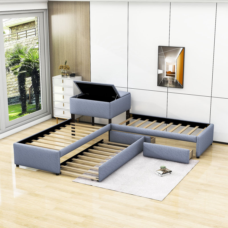 Shel Twin Size,Upholstered L-shaped Platform Bed with Trundle and Two Drawers
