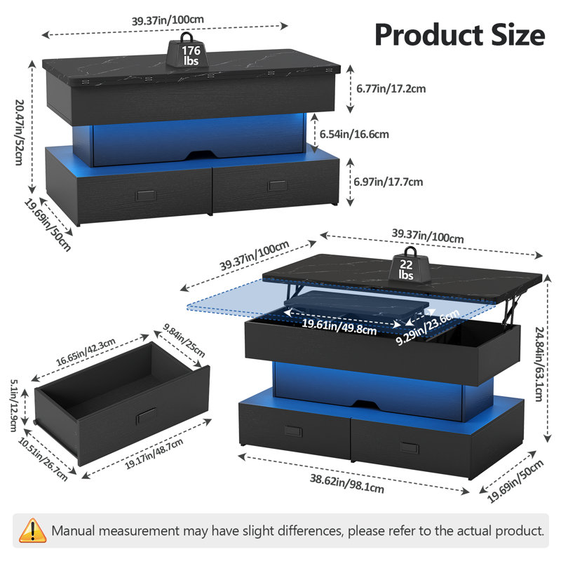 Table basse à plateau relevable avec bande lumineuse à DEL, 4 tiroirs et compartiment caché, Noir