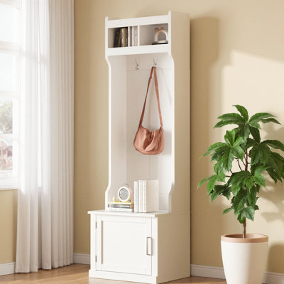 24" Minimalist Slim Hall Tree with Cabinet | 6 Hanging Hooks, Storage Bench, 15.7" Depth, Elegant Foyer Cabinet, Space-Saving Entryway
