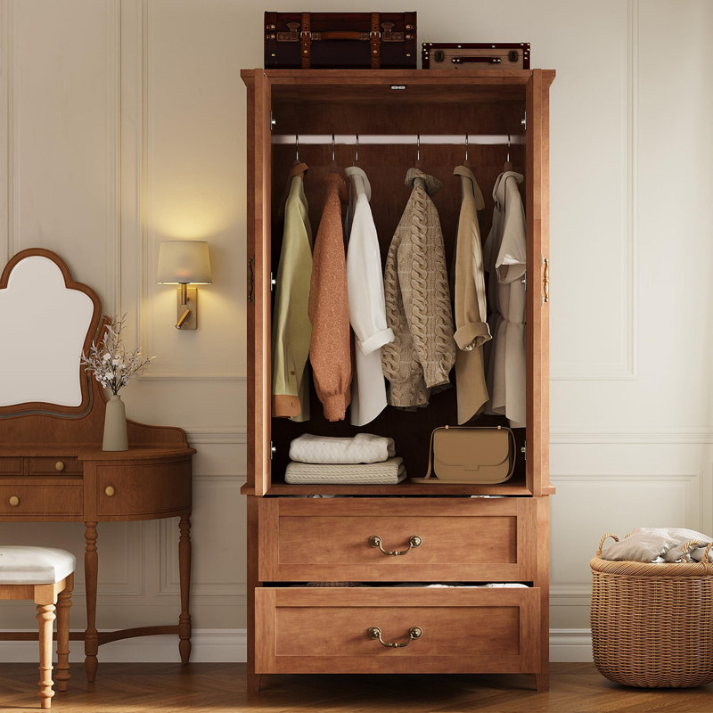 Armoire 71 po, armoire de rangement en bois avec 2 portes, 2 tiroirs et tringle