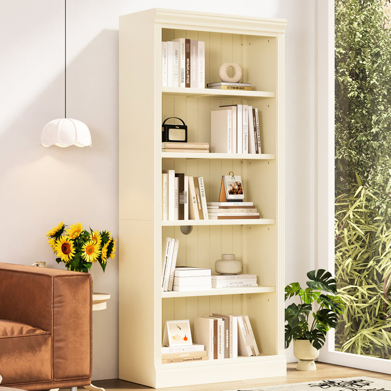 Bibliothèque à 5 niveaux en bois avec bande et trou de câble, tablettes réglables pour divers espaces de rangement, bibliothèque bicolore beige et jaune