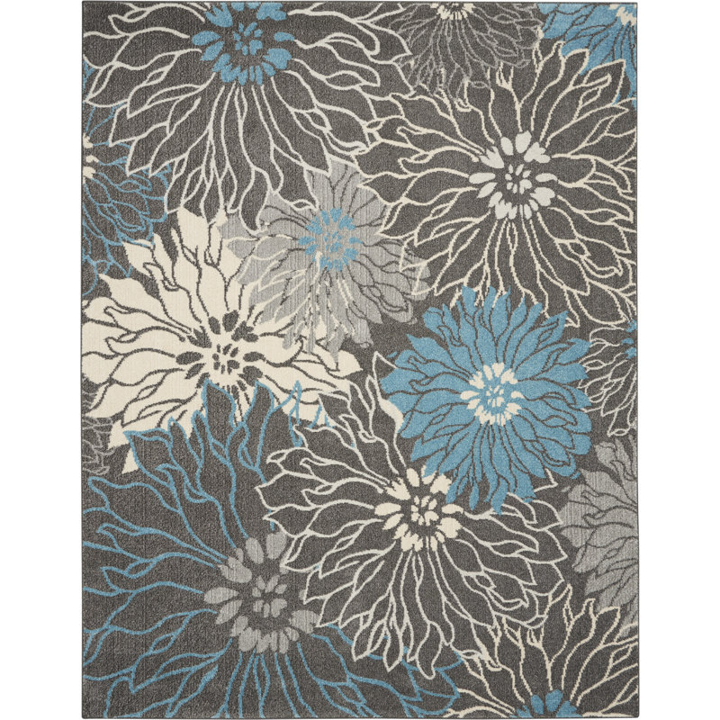 Tapis floral bleu / jaune en polypropylène tissé à la machine, Rectangle 6 pi 7 po x 9 pi 6 po