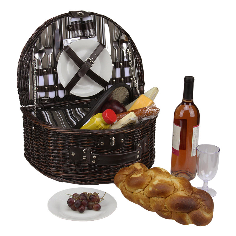 Ensemble de panier de pique-nique isolant en forme de saule tissé à la main brun 7 pi x 15,75 po avec accessoires, Chocolate