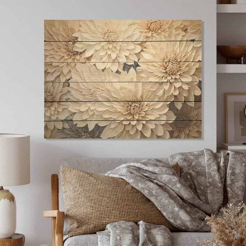 Minimalism Blooming Mums Painting In Beige And Gold I - Mums Wood Art On Natural Pine Wood, 10" H x 20" W