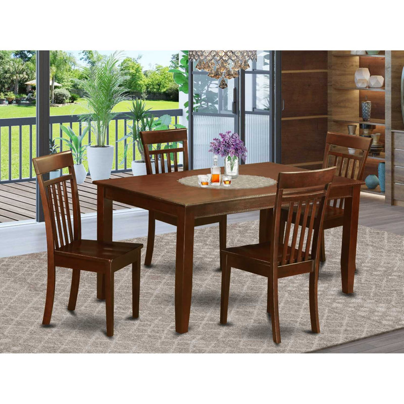 Table de salle à manger 5 pièces à plateau rectangulaire en bois massif à finition acajou avec 4 chaises et dossier en treillis