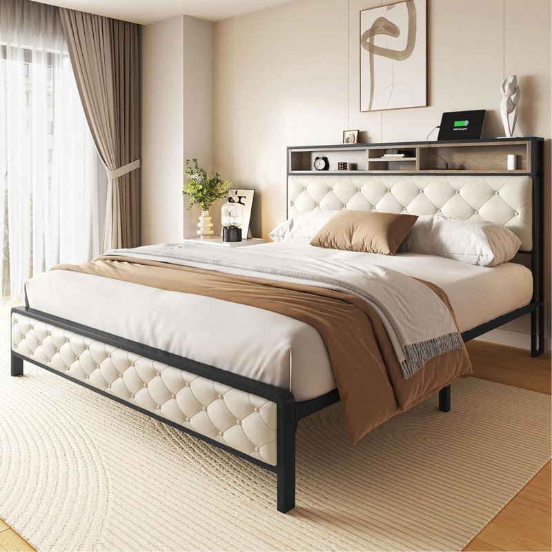 Queen Size Bed Frame, Platform Bed Frame With Charging Station, Upholstered Storage Headboard & Footboard Metal Slats Supports Mattress Foundation, No Box Spring Needed, Beige(No Drawers)